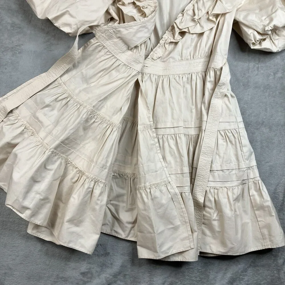 En Saison Dress Womens M Cream Cotton Wrap Ruffle Puff Sleeve Tiered Cottagecore